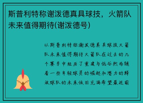 斯普利特称谢泼德真具球技，火箭队未来值得期待(谢泼德号)