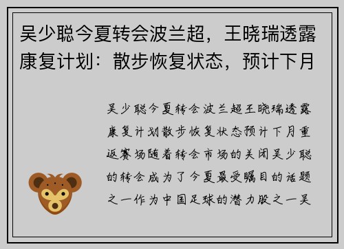 吴少聪今夏转会波兰超，王晓瑞透露康复计划：散步恢复状态，预计下月重返赛场